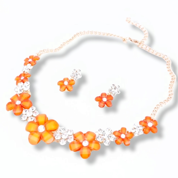 18K gold plated Orange crystal flower necklace earrings set - Picture 3 of 13
